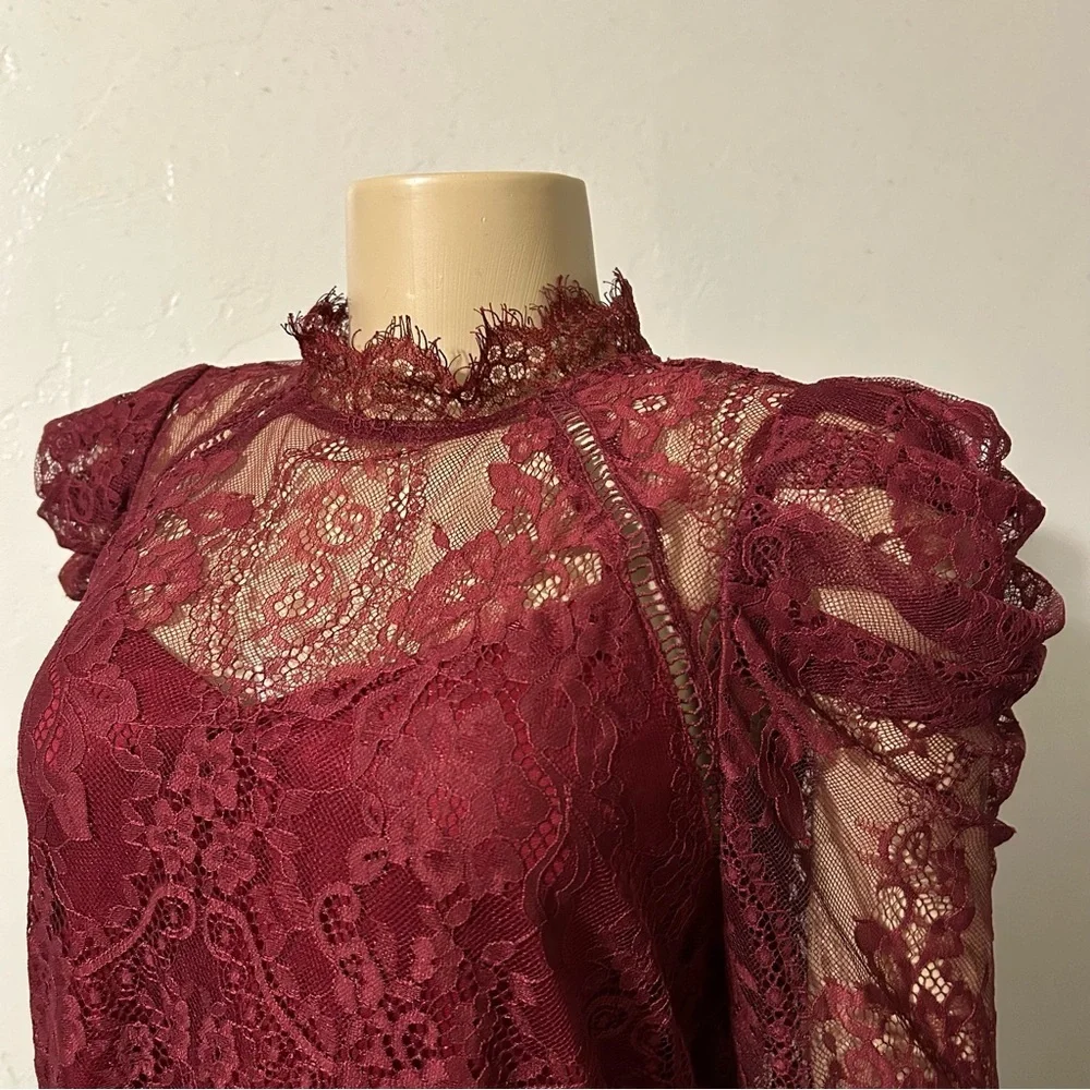 Puff Sleeve Lace Top SML Red Andree Savanna Jane